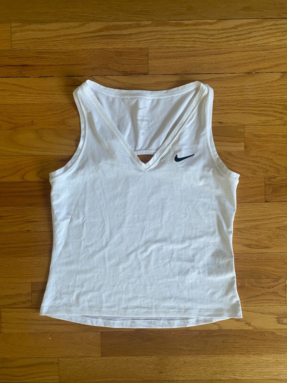Nike Dry Fit White Ribbed V-Neck Tank with Black Swoosh